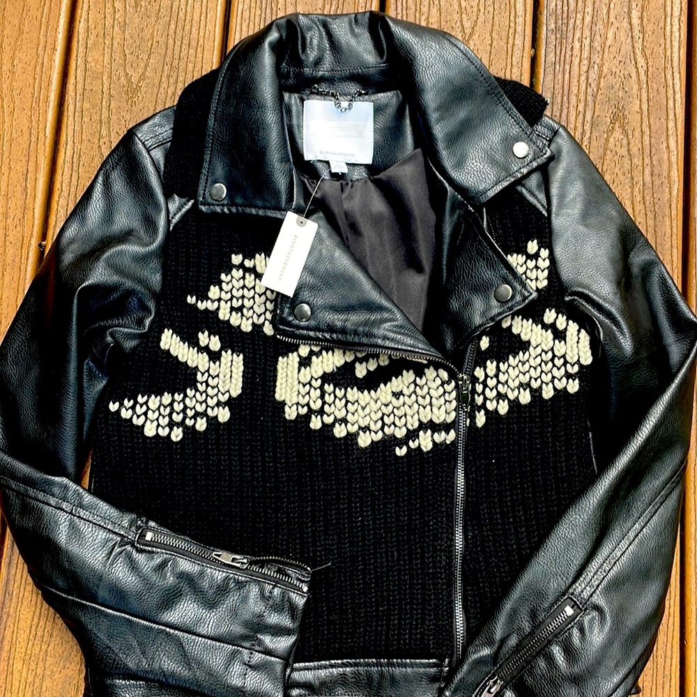 ANTHROPOLOGIE leather jacket black with hwool pattern size small BRAND NEW